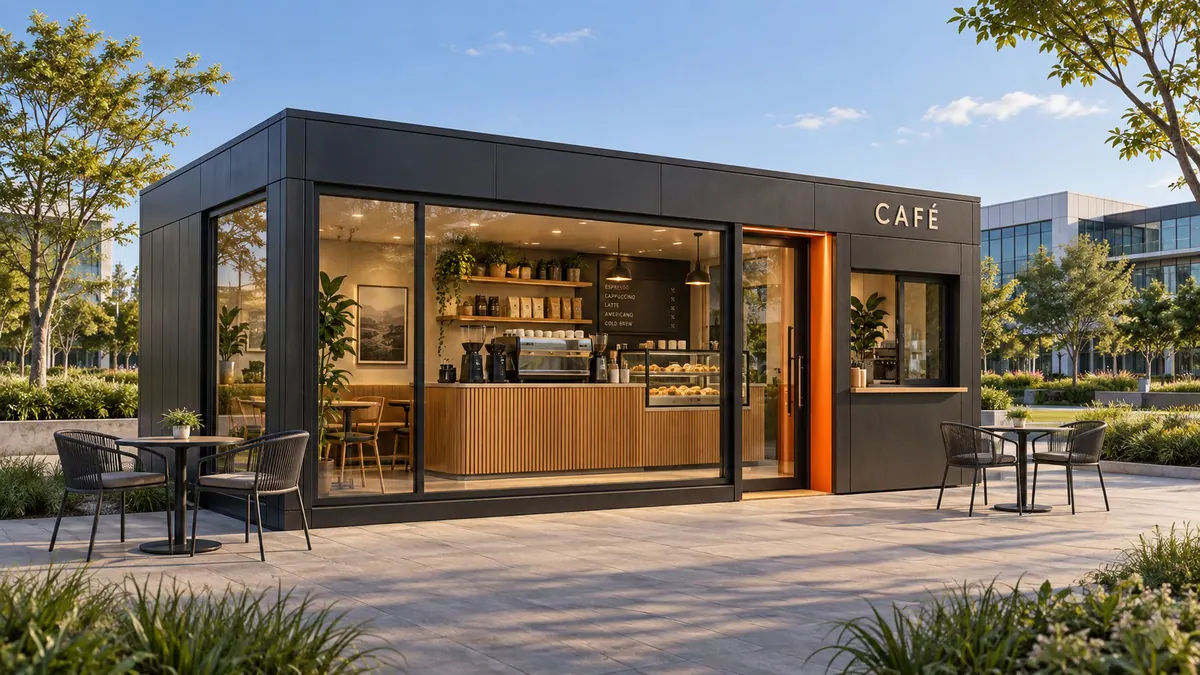 Cafeteria modular com balcão de atendimento, porta com moldura laranja e mesas na área externa