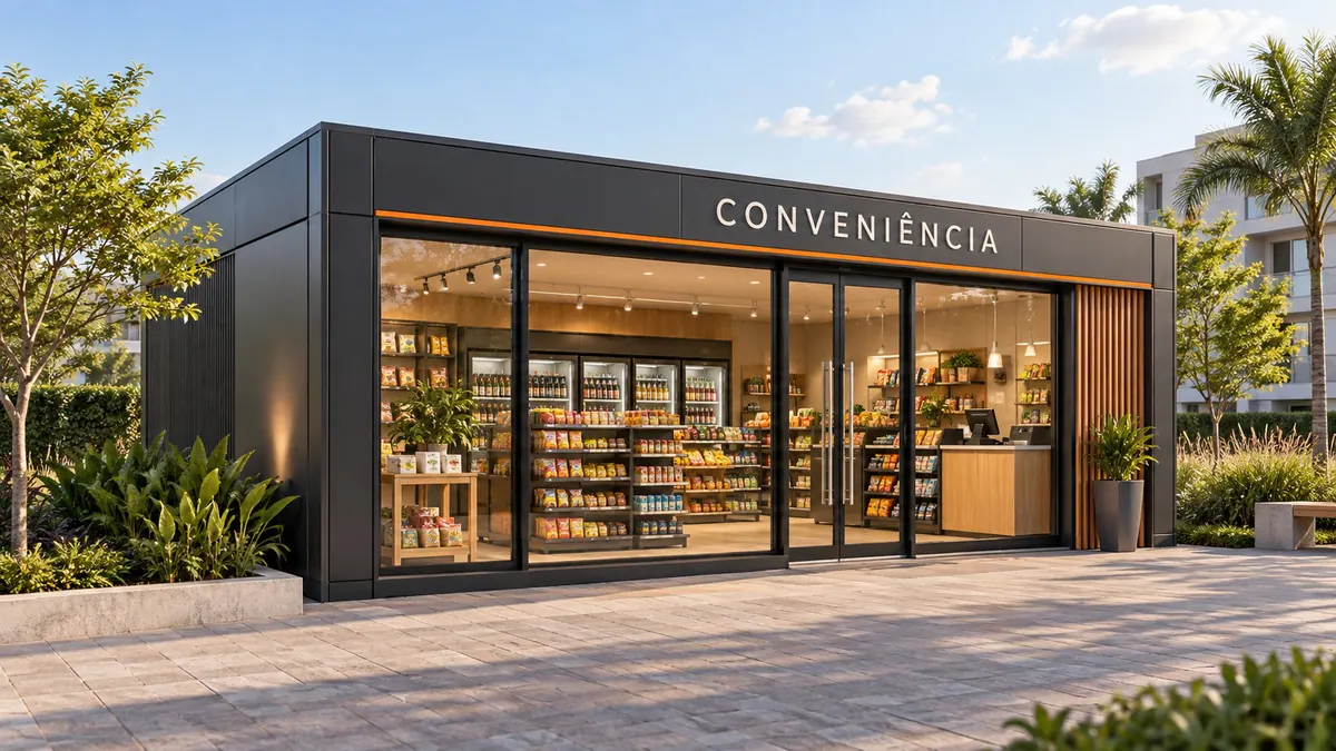 Módulo comercial configurado como loja de conveniência, com geladeiras, gôndolas e letreiro na fachada