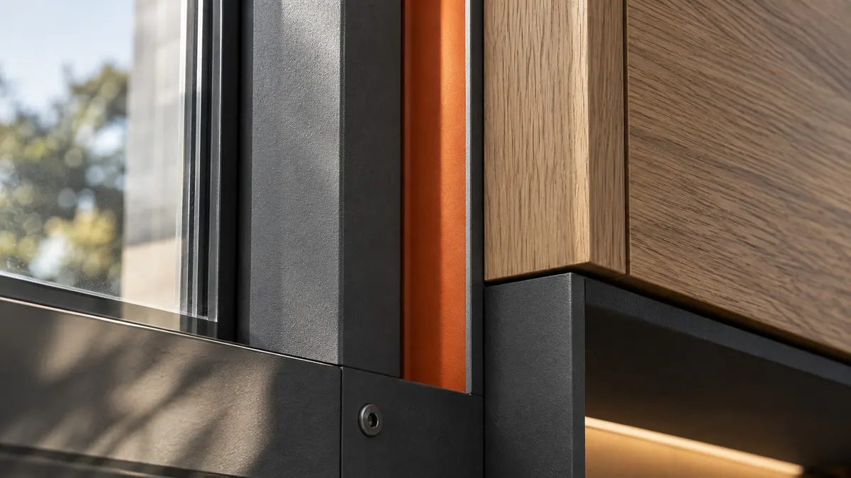 Detalhe da fachada modular com painel grafite, friso laranja e revestimento em madeira