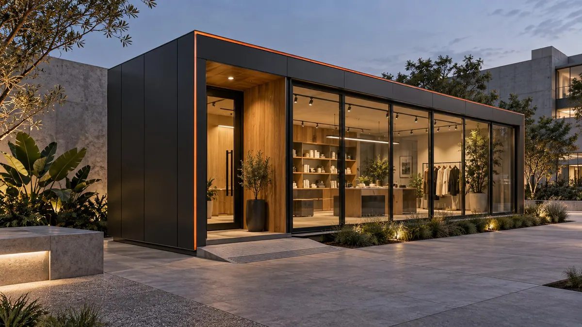 Espaço comercial modular com fachada grafite, frisos laranja e vitrine de loja iluminada ao entardecer
