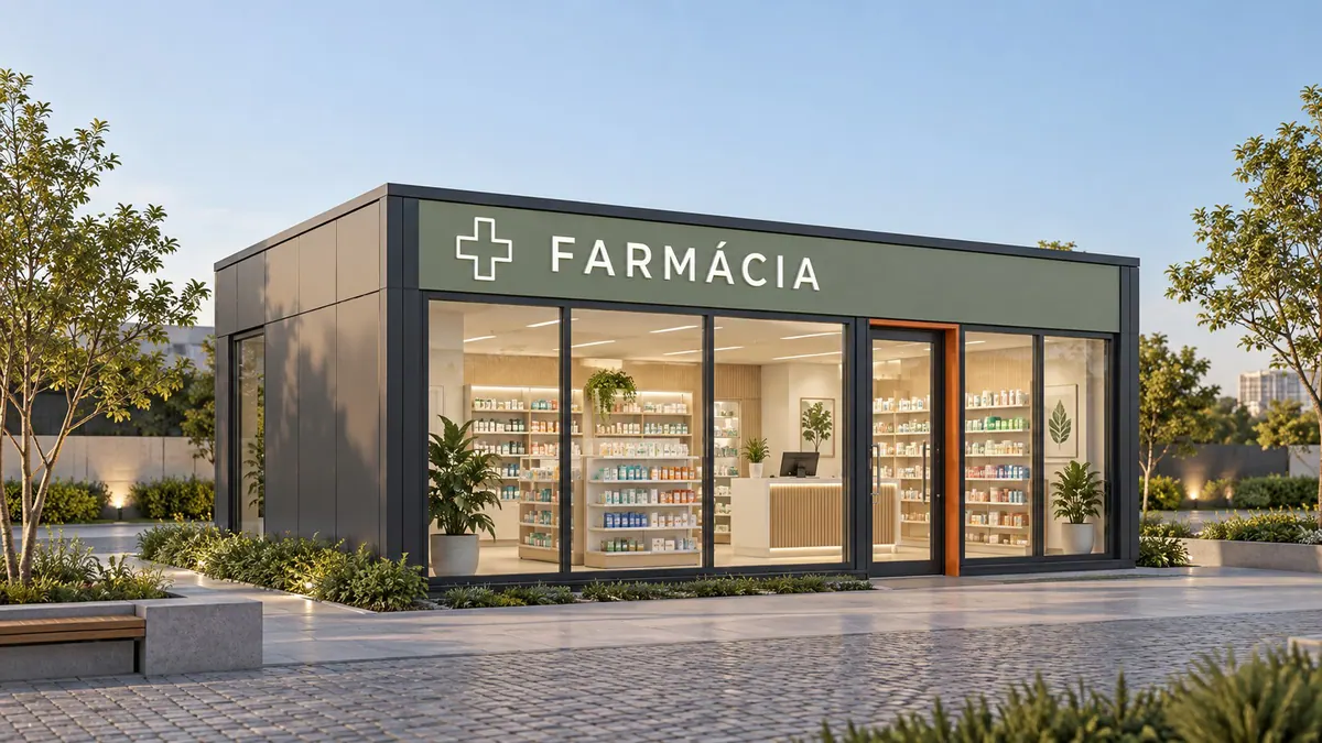Farmácia modular com fachada identificada, prateleiras de produtos e balcão de atendimento
