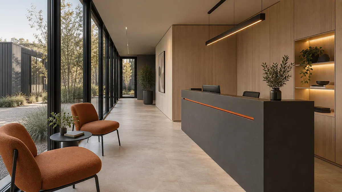 Interior de espaço modular com recepção em balcão grafite, poltronas laranja e parede de vidro voltada para o jardim