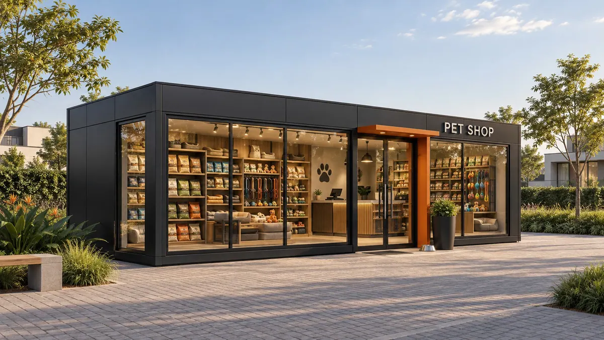 Pet shop modular com prateleiras de produtos para animais de estimação e letreiro na fachada