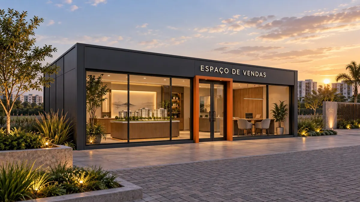 Plantão de vendas modular com recepção, maquete do empreendimento e mesas de atendimento