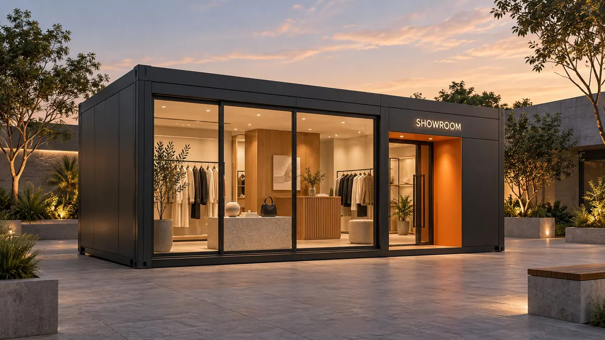 Showroom modular com vitrine de vidro, expositores iluminados e porta com moldura laranja
